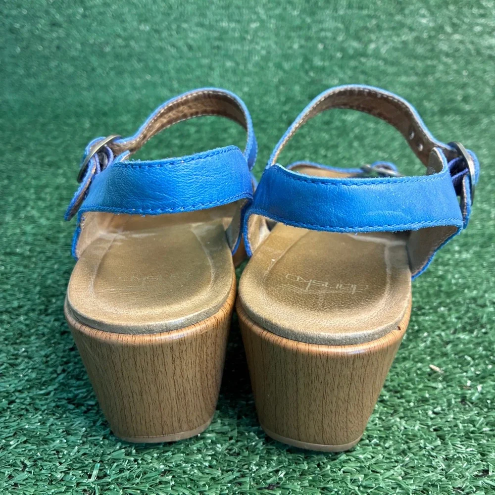 Dansko Thea Clog Leather Buckle Strap Platform Wedge Sandal Blue Womens Sz 8.5-9
